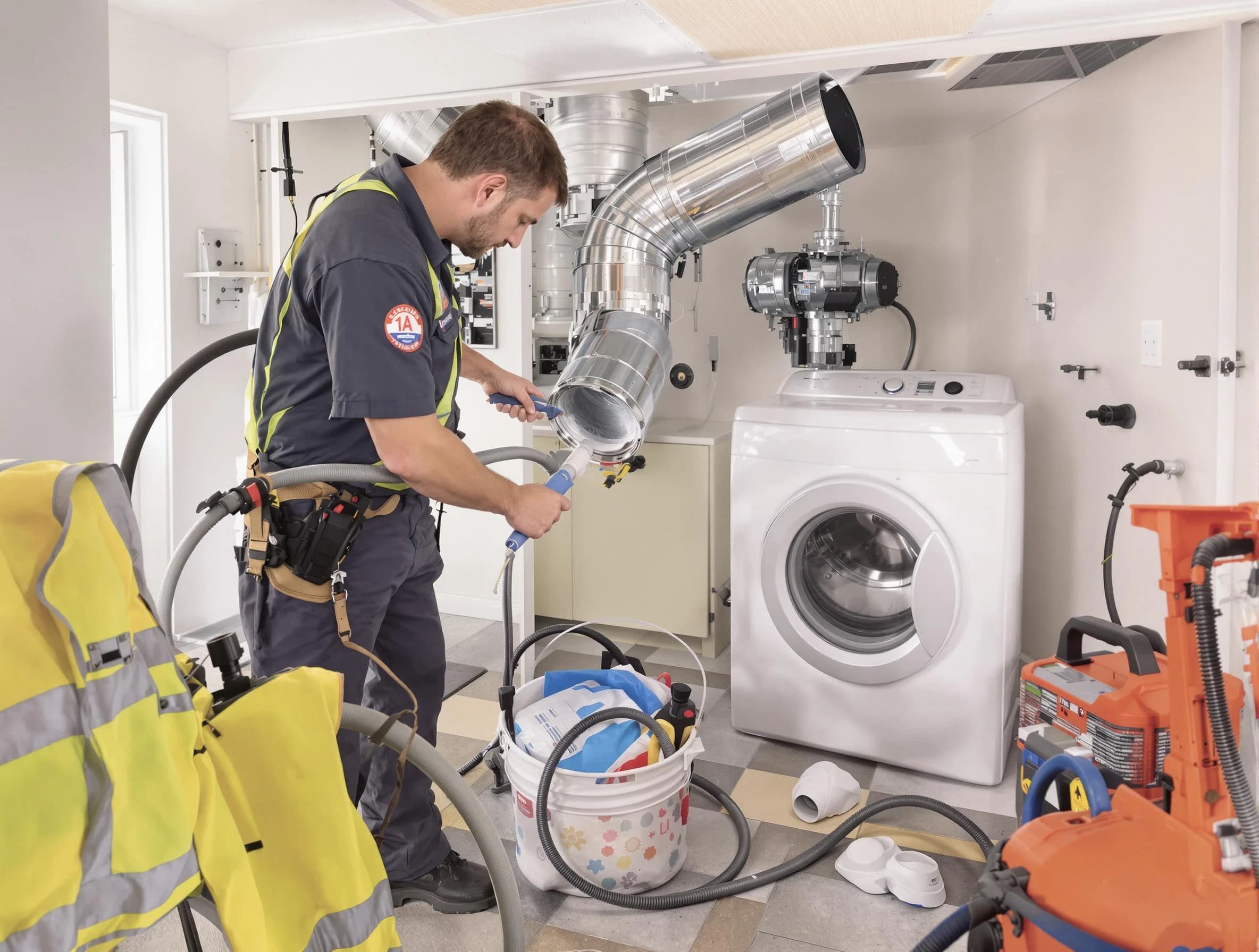 Herriman Dryer Vent Cleaning technician using specialized equipment to clear severe dryer vent blockage in Herriman