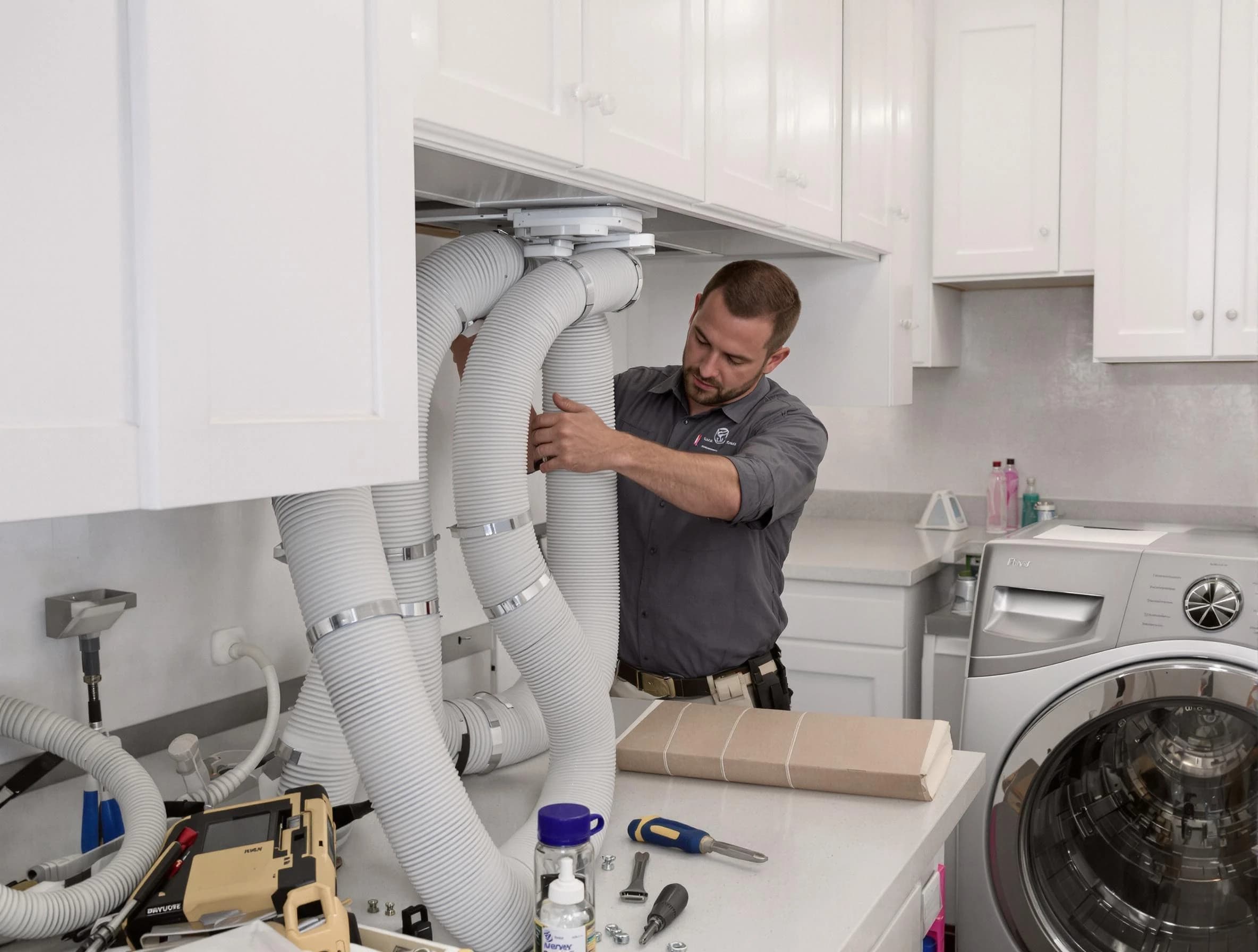 Herriman Dryer Vent Cleaning technician installing a new professional-grade dryer vent hose in Herriman