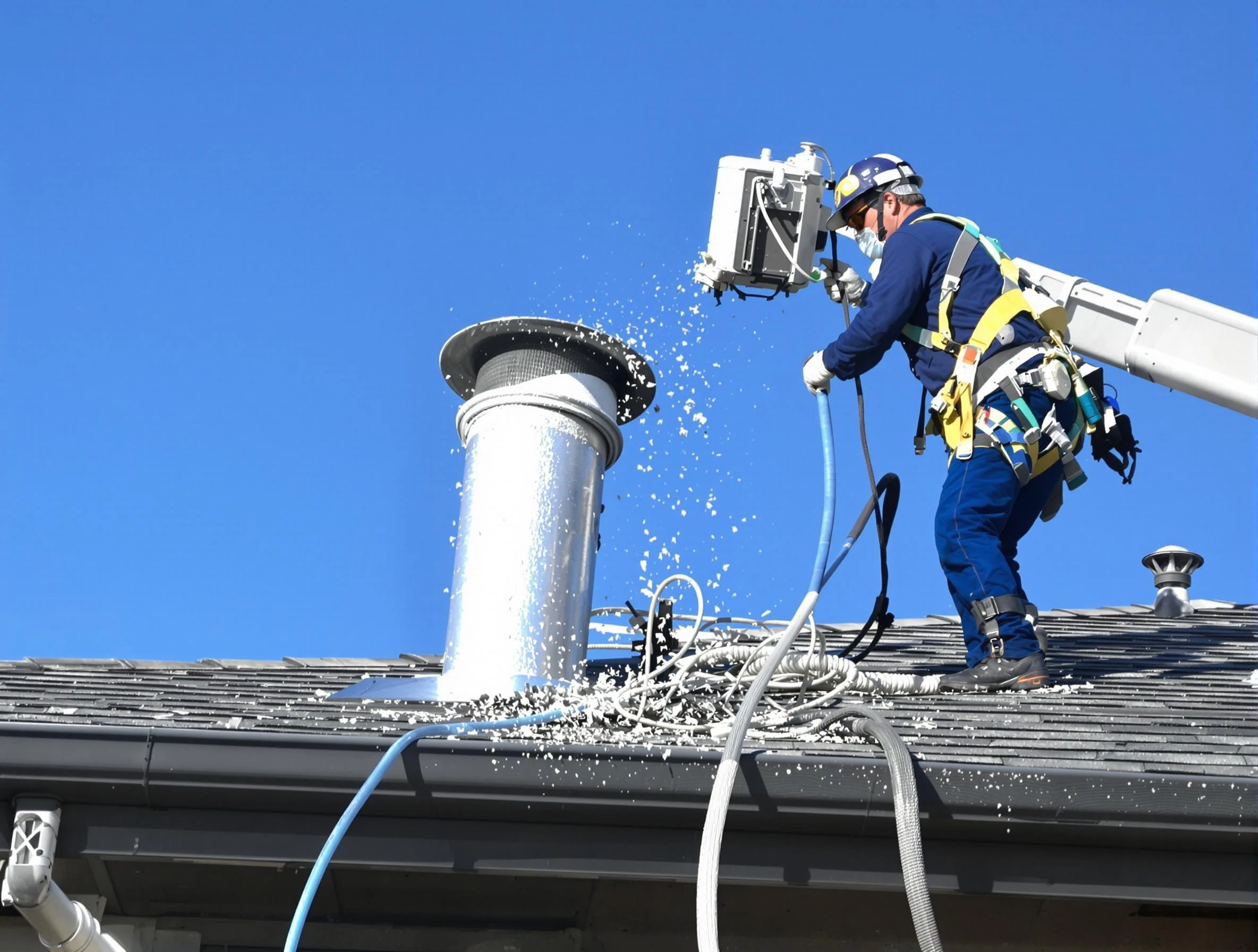 Herriman Dryer Vent Cleaning certified technician safely cleaning a roof-mounted dryer vent in Herriman